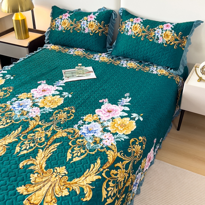 91家纺网 家纺一手货源 找家纺 2025新款水晶绒床单盖毯单人三件套花边毯子冬季加厚保暖双人加棉防滑绒毯 欧式墨绿