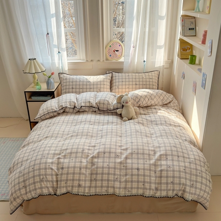 淑女公社家纺 2025春夏新款 贝壳边双层纱套件 格子蝴蝶结