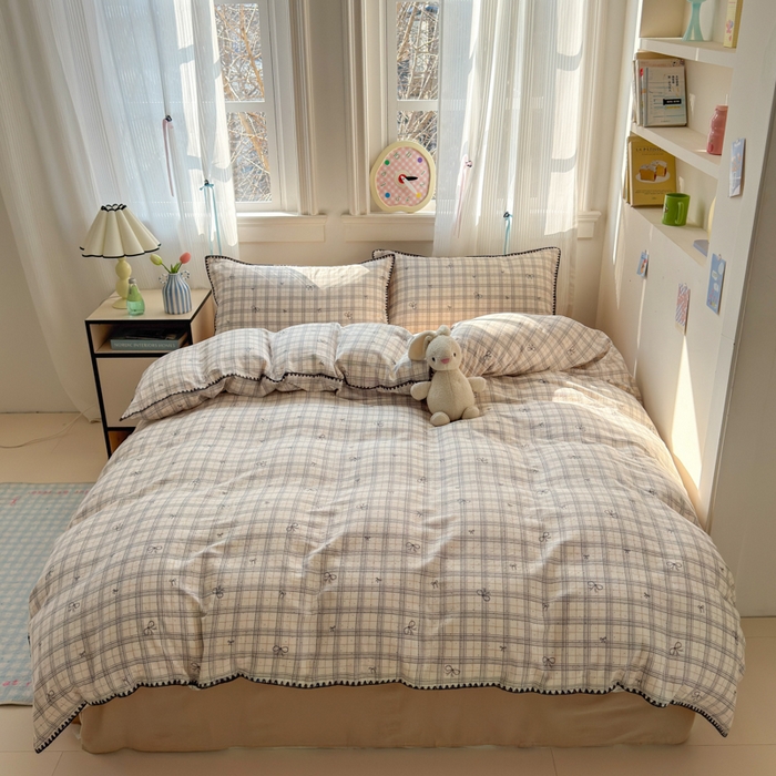 91家纺网 家纺一手货源 找家纺 淑女公社家纺 2025春夏新款 贝壳边双层纱套件 格子蝴蝶结