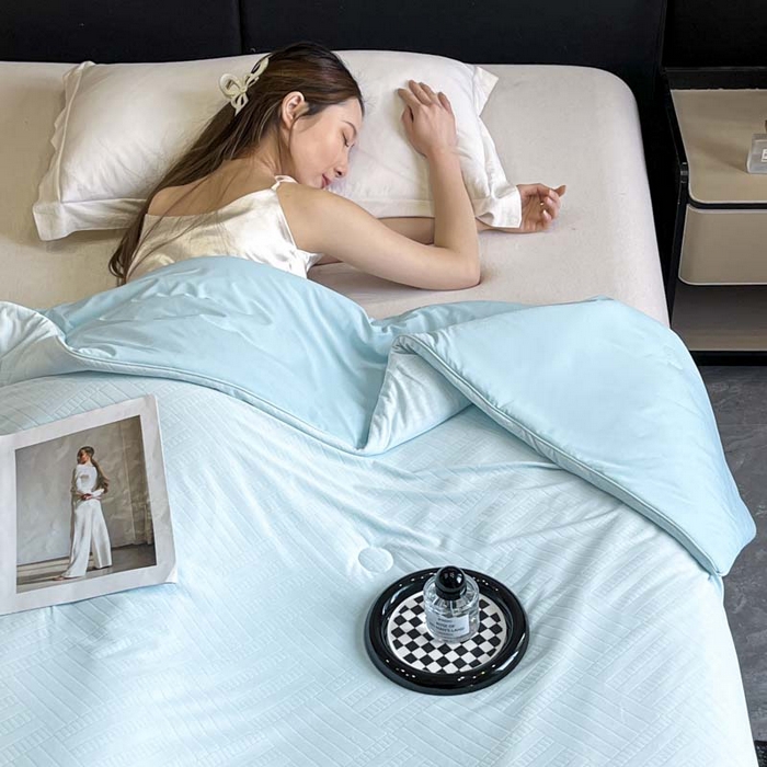 91家纺网 家纺一手货源 找家纺 子由家居 2025新款凉感丝浮雕提花大豆夏被被子被芯 经典格-天蓝