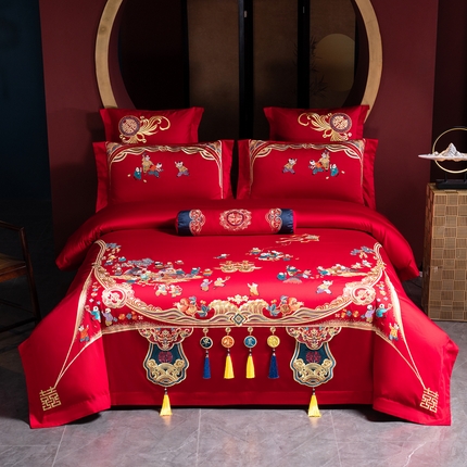 慕她家纺 2025新款慕她婚庆四件套全棉纯棉结婚刺绣花多件套六八十床品 百子贺喜