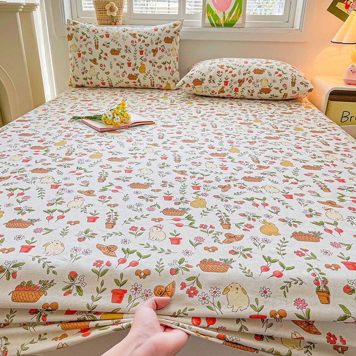 91家纺网 家纺一手货源 找家纺 晓时候2025新款老粗布床笠凉席 花丛兔