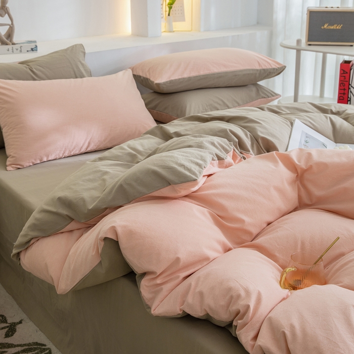 91家纺网 家纺一手货源 找家纺 2025新款全棉双拼水洗棉四件套 双拼-粉卡其