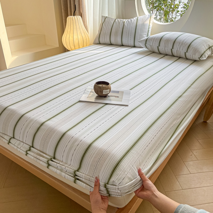 91家纺网 家纺一手货源 找家纺 雅居纺家纺 2025春夏新款全棉纯棉简约老粗布-单床笠 床笠单件凉席席 自由-绿