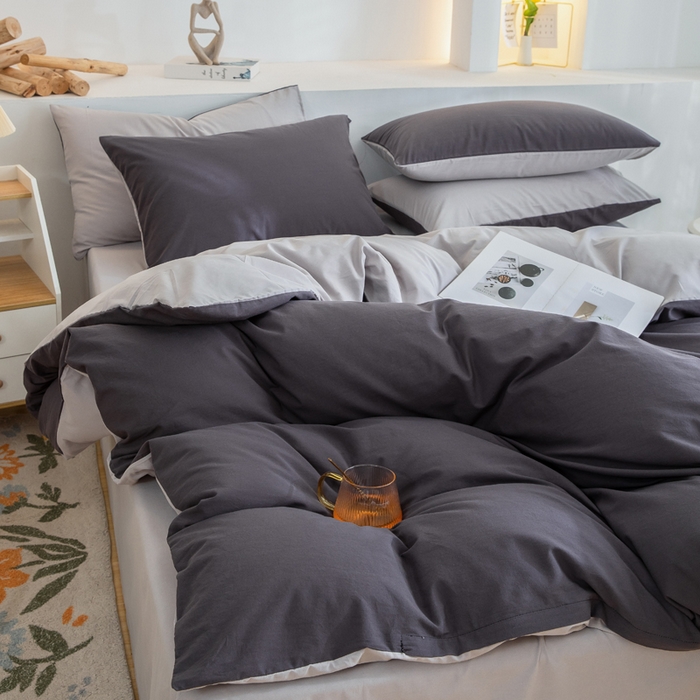 91家纺网 家纺一手货源 找家纺 2025新款全棉双拼水洗棉四件套 双拼-深灰浅灰