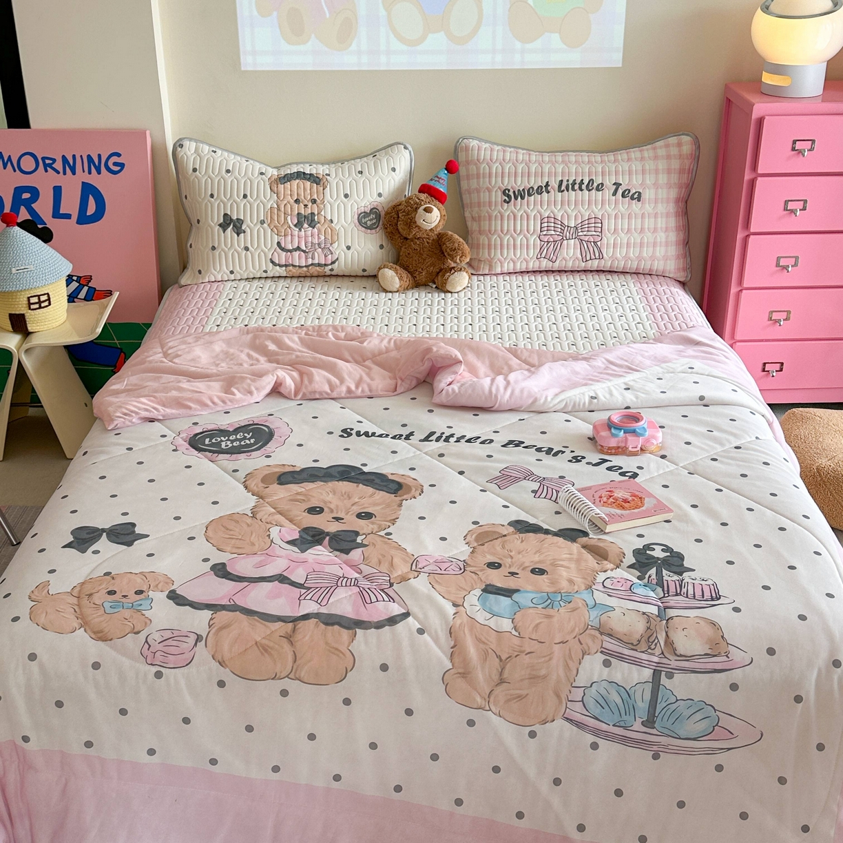 91家纺网 家纺一手货源 找家纺 美乐迪家纺2025新款凉感丝乳胶凉席夏被夏凉被空调被 茶话熊