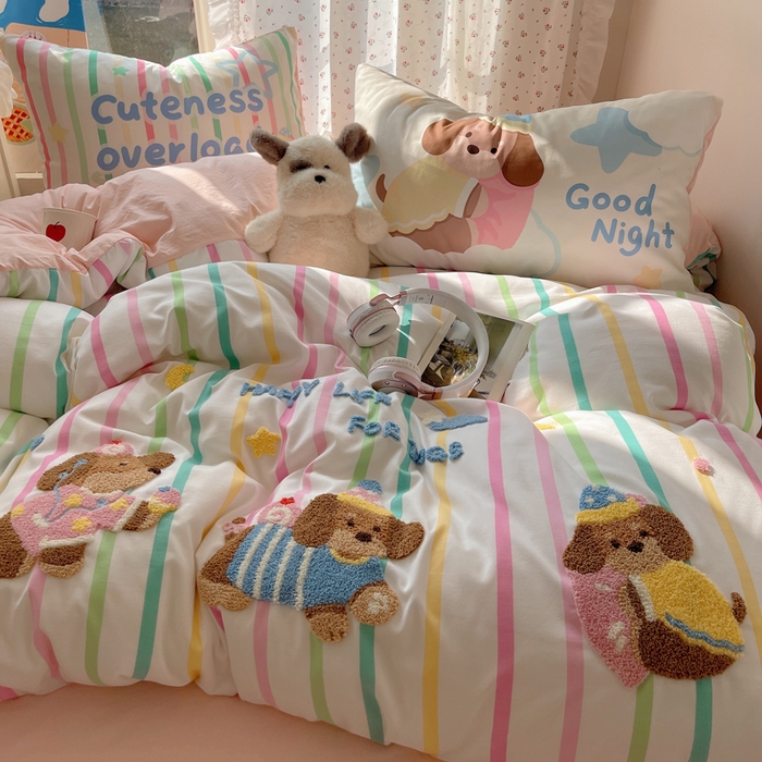 91家纺网 家纺一手货源 找家纺 慕澄家纺 2025新款毛巾绣小清新四件套 彩条狗狗