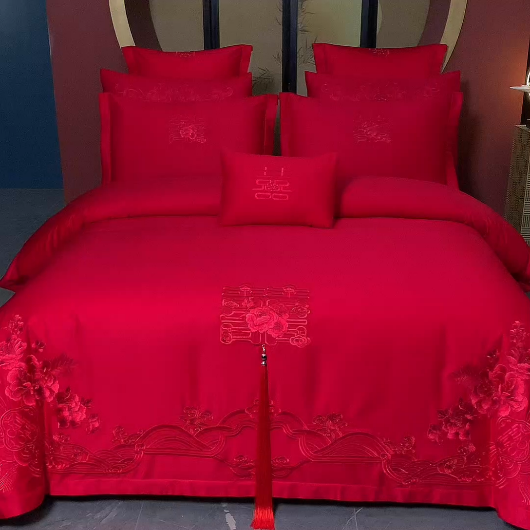 91家纺网 家纺一手货源 找家纺 慕她家纺 2025新款慕她婚庆四件套全棉纯棉结婚刺绣花多件套六八十床品 恋曲牡丹