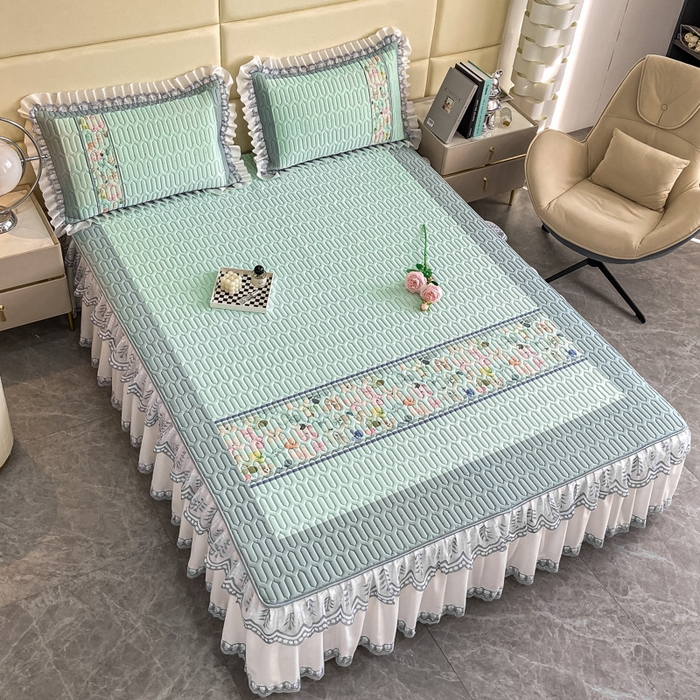 91家纺网 家纺一手货源 找家纺 麋兔 2025新款冰丝床裙乳胶凉席席子 雨花