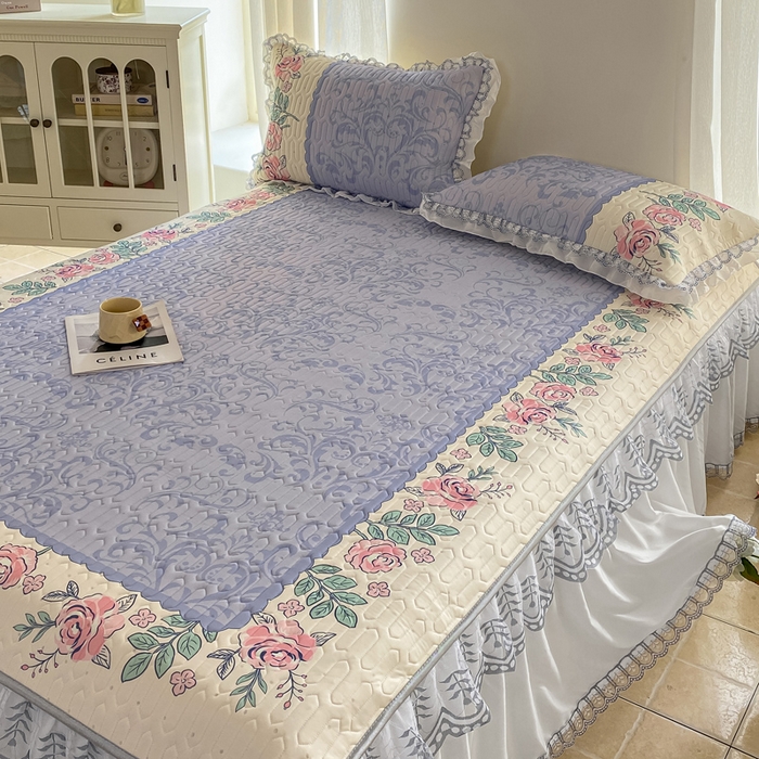 91家纺网 家纺一手货源 找家纺 麋兔 2025新款冰丝床裙乳胶凉席席子 紫蔓