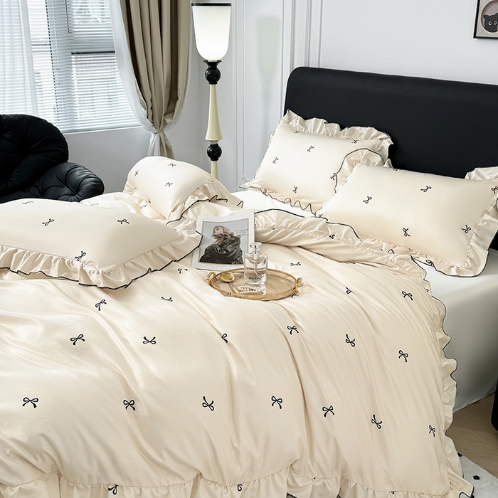 91家纺网 家纺一手货源 找家纺 （总）老K (原美阁） 2025新款夏季轻奢水洗真丝四件套 花边高级感韩版冰丝四件套