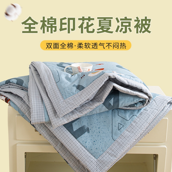 91家纺网 家纺一手货源 找家纺 沃尔居 2025新款双面全棉印花夏被可机洗小清新纯棉夏凉被薄被芯空调被子 蒙奇奇-蓝
