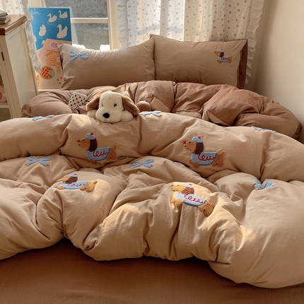 慕澄家纺 2025新款毛巾绣小清新四件套 快乐腊肠狗