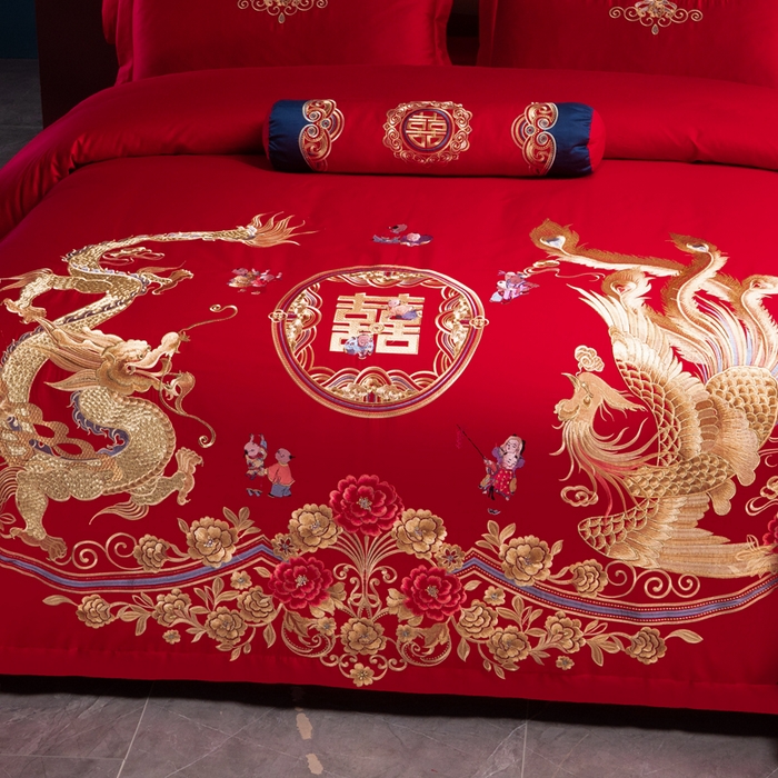 91家纺网 家纺一手货源 找家纺 慕她家纺 2025新款慕她婚庆四件套全棉纯棉结婚刺绣花多件套六八十床品 眷恋龙凤