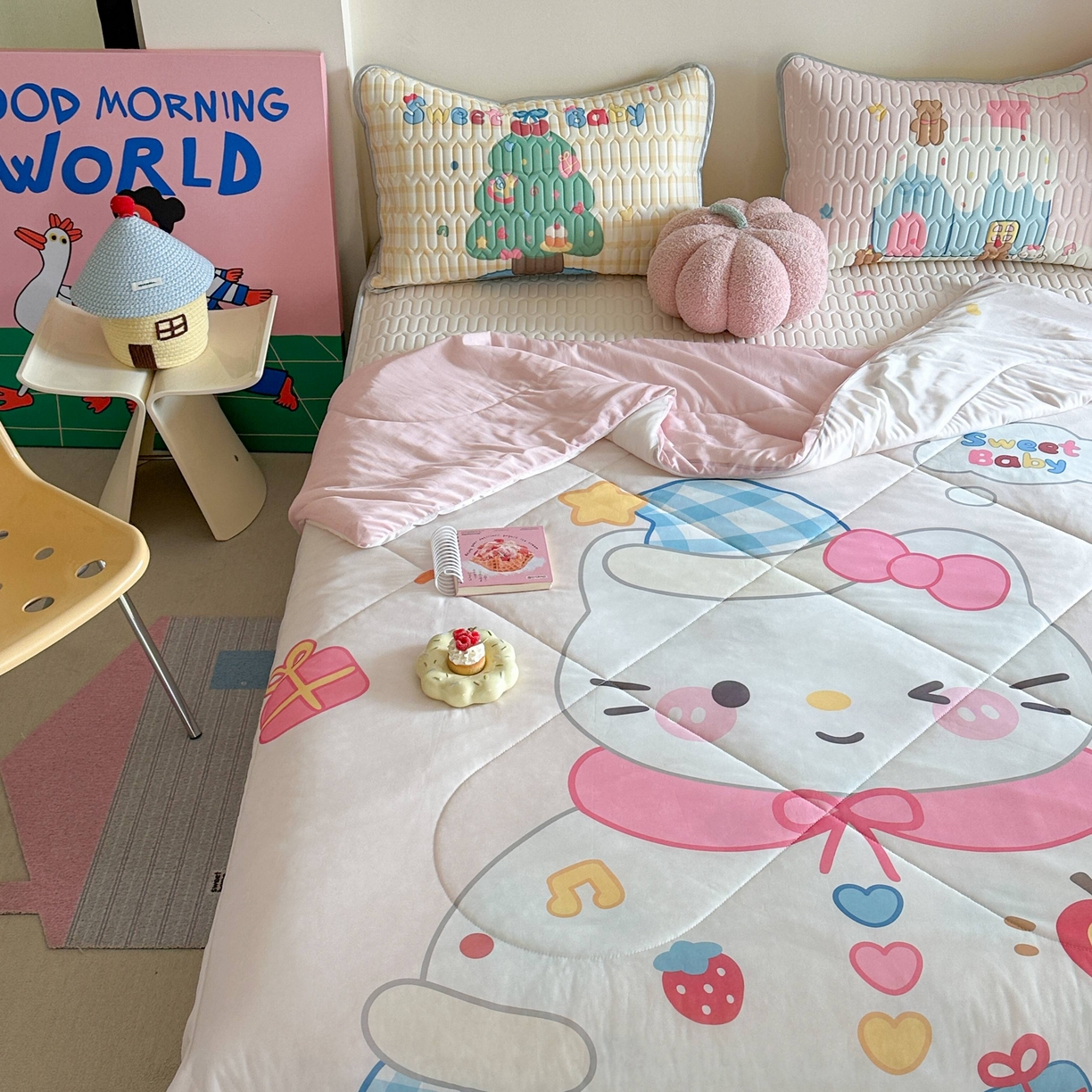 91家纺网 家纺一手货源 找家纺 美乐迪家纺2025新款凉感丝乳胶凉席夏被夏凉被空调被 派对小猫