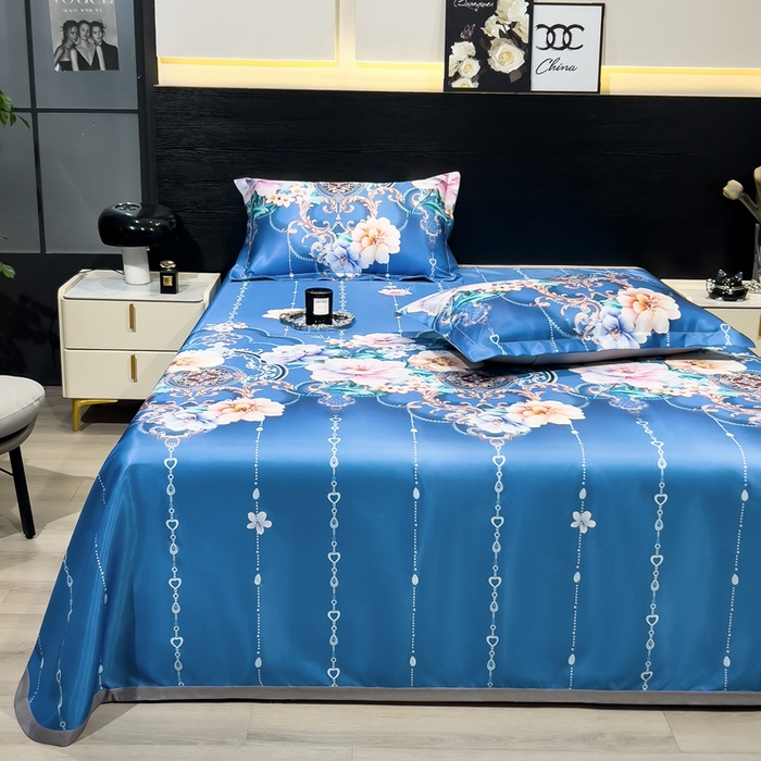 91家纺网 家纺一手货源 找家纺 许林家纺  2025新款冰丝凉席床单款凉席三件套 苏叶