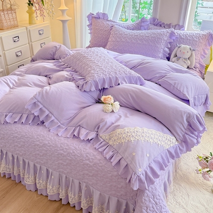 91家纺网 家纺一手货源 找家纺 （总）九诺家纺 2025新款花夕云朵棉蕾丝花边床盖四件套