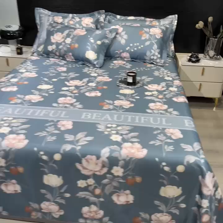 91家纺网 家纺一手货源 找家纺 许林 2025新款冰丝凉席床单款凉席三件套-蜜桃花