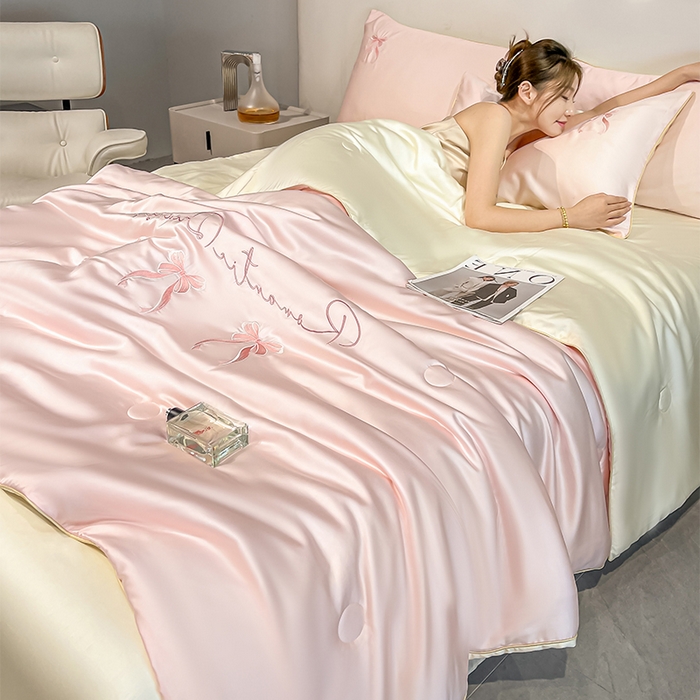 91家纺网 家纺一手货源 找家纺 如一 2025新款水洗冰丝麻绳夏被四件套-初夏 初夏-粉米