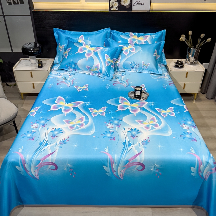 91家纺网 家纺一手货源 找家纺 许林 2025新款冰丝凉席床单款凉席三件套-蓝色蝶海