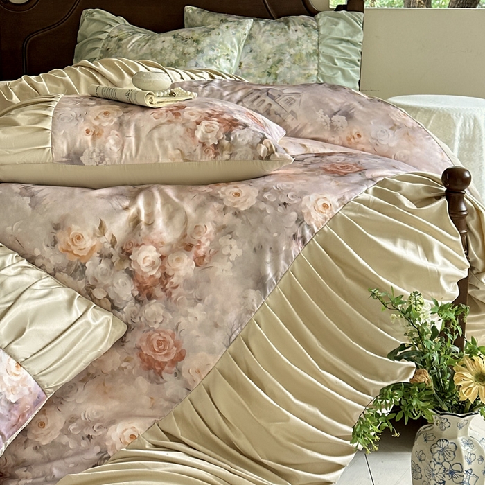 91家纺网 家纺一手货源 找家纺 艾米家居 2025新款A类天丝棉冰丝法式花边褶皱款四件套 秘密花园皱褶款