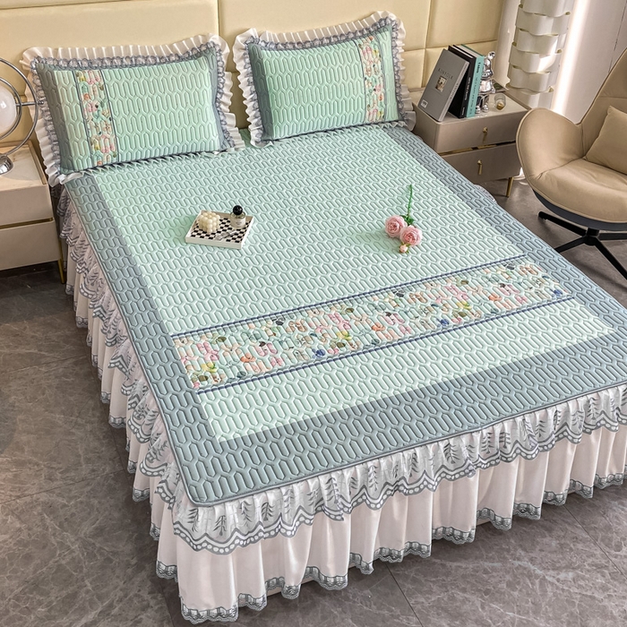 91家纺网 家纺一手货源 找家纺 麋兔 2025新款冰丝床裙乳胶凉席席子 雨花