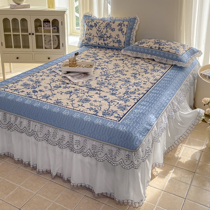 91家纺网 家纺一手货源 找家纺 麋兔 2025新款冰丝床裙乳胶凉席席子 花幽兰