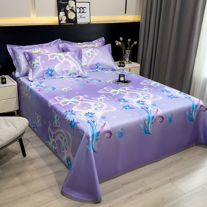 91家纺网 家纺一手货源 找家纺 许林家纺  2025新款冰丝凉席床单款凉席三件套 紫色蝶海