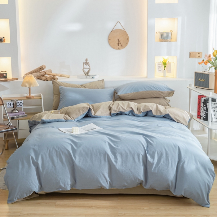 91家纺网 家纺一手货源 找家纺 2025新款全棉双拼水洗棉四件套 双拼-浅蓝卡其