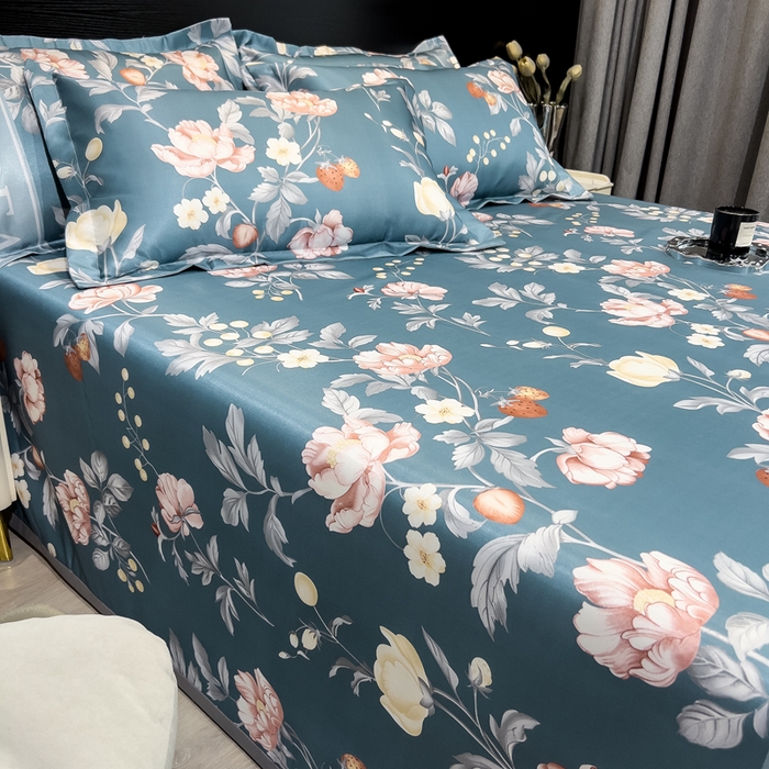 91家纺网 家纺一手货源 找家纺 许林家纺  2025新款冰丝凉席床单款凉席三件套 蜜桃花