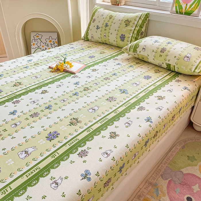 91家纺网 家纺一手货源 找家纺 晓时候2025新款老粗布床笠凉席 田园小兔