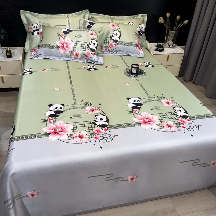 91家纺网 家纺一手货源 找家纺 许林家纺  2025新款冰丝凉席床单款凉席三件套 熊猫