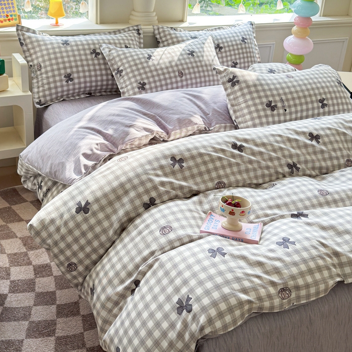 91家纺网 家纺一手货源 找家纺 佑佳家纺 2025年新款铂金棉芦荟棉学生三件套四件套 单被套 单枕套「支持定做各种尺寸」 蝴蝶结-灰