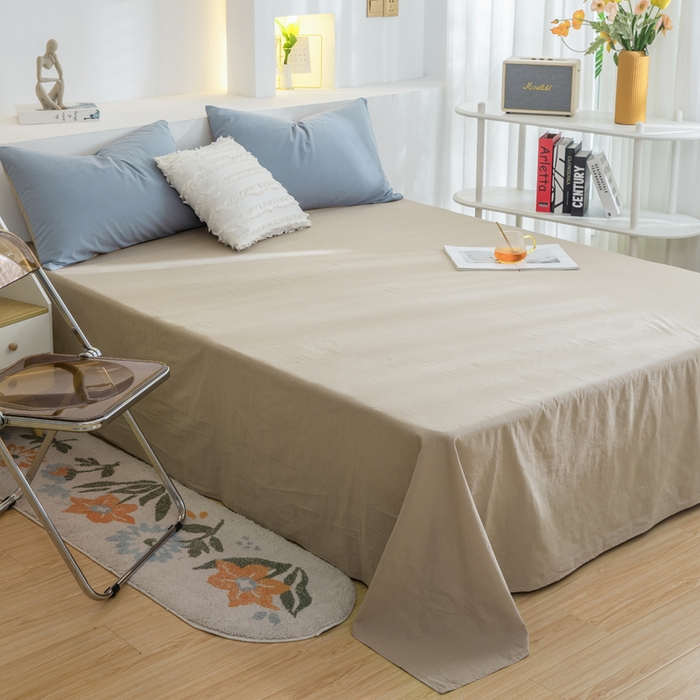 91家纺网 家纺一手货源 找家纺 2025新款全棉双拼水洗棉四件套 双拼-浅蓝卡其