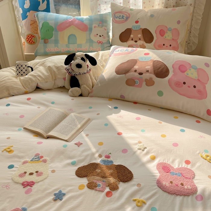 91家纺网 家纺一手货源 找家纺 慕澄家纺 2025新款毛巾绣小清新四件套 三小只