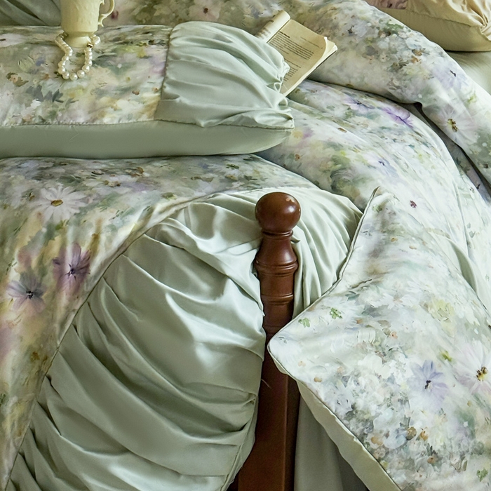 91家纺网 家纺一手货源 找家纺 艾米家居 2025新款A类天丝棉冰丝法式花边褶皱款四件套 绿野仙踪褶皱款