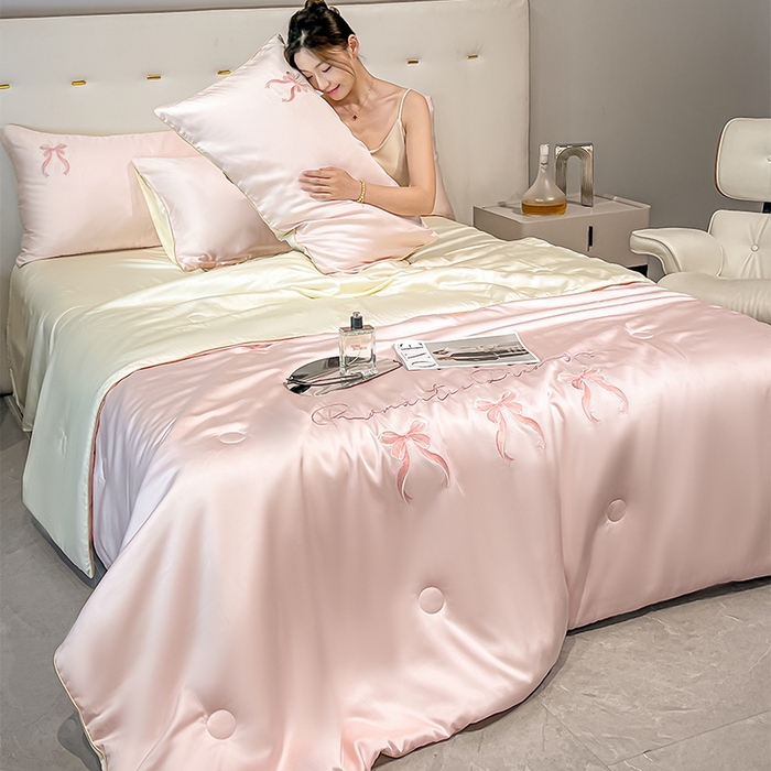 91家纺网 家纺一手货源 找家纺 如一 2025新款水洗冰丝麻绳夏被四件套-初夏 初夏-粉米