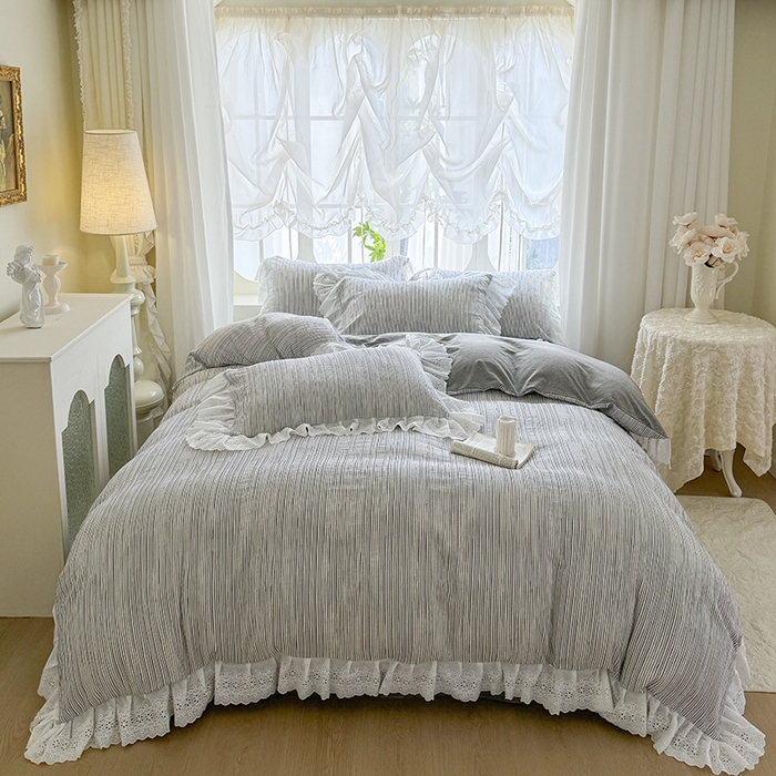 91家纺网 家纺一手货源 找家纺 亲亲公主 2025新款全棉水洗棉色织提花四件套-糖果日记 糖果-灰