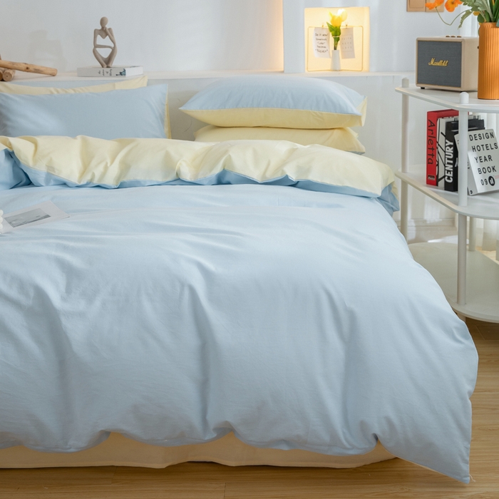 91家纺网 家纺一手货源 找家纺 2025新款全棉双拼水洗棉四件套 双拼-天蓝奶黄