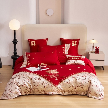 91家纺网 家纺一手货源 找家纺 （总）宏羽纺家纺2025新款13372全棉全工艺喷气四件套-最美嫁衣