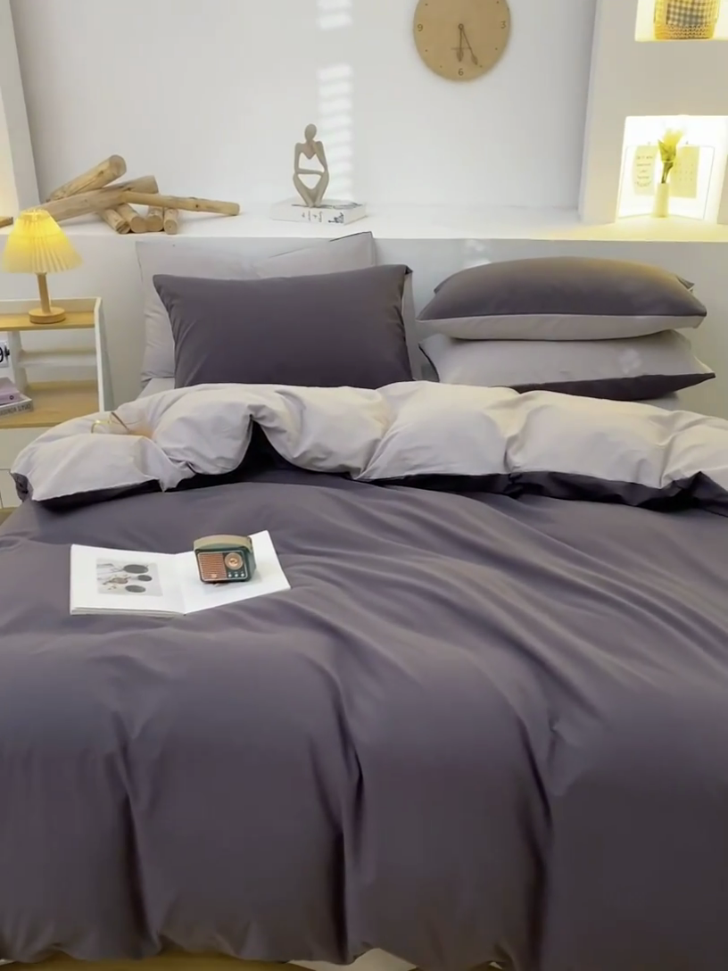 91家纺网 家纺一手货源 找家纺 2025新款全棉双拼水洗棉四件套 双拼-深灰浅灰