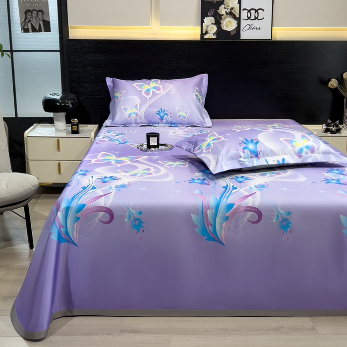 91家纺网 家纺一手货源 找家纺 许林家纺  2025新款冰丝凉席床单款凉席三件套 紫色蝶海