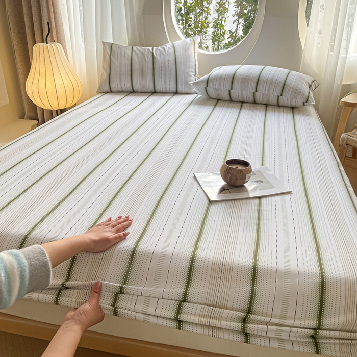 91家纺网 家纺一手货源 找家纺 雅居纺家纺 2025春夏新款全棉纯棉简约老粗布-单床笠 床笠单件凉席席 自由-绿