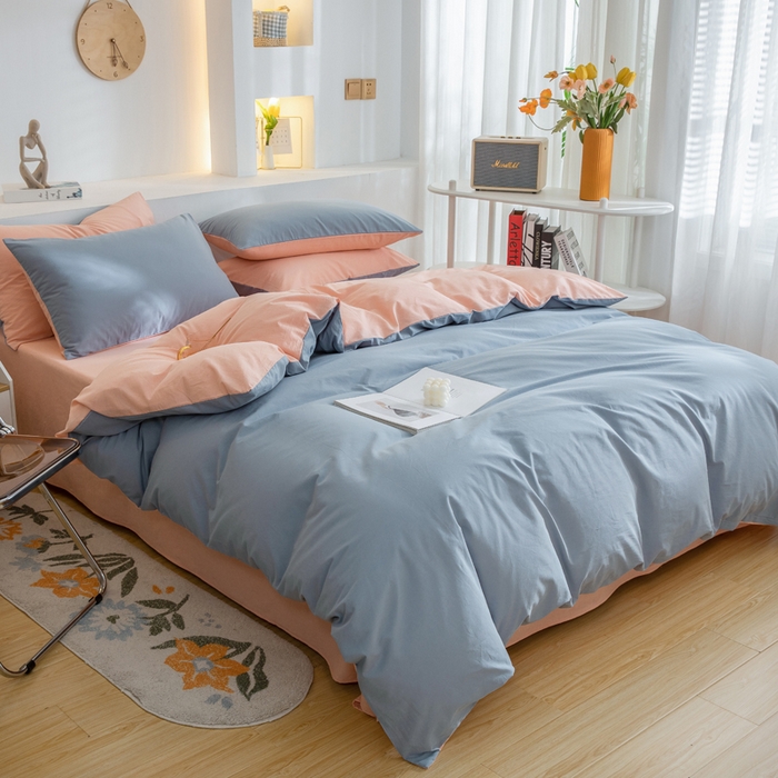 91家纺网 家纺一手货源 找家纺 2025新款全棉双拼水洗棉四件套 双拼-浅蓝粉