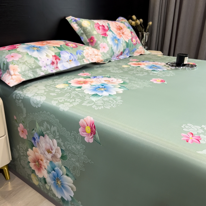 91家纺网 家纺一手货源 找家纺 许林 2025新款冰丝凉席床单款凉席三件套-繁花