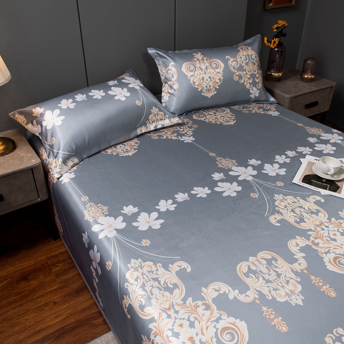 91家纺网 家纺一手货源 找家纺 许林家纺  2025新款冰丝凉席床单款凉席三件套 落英缤纷-灰