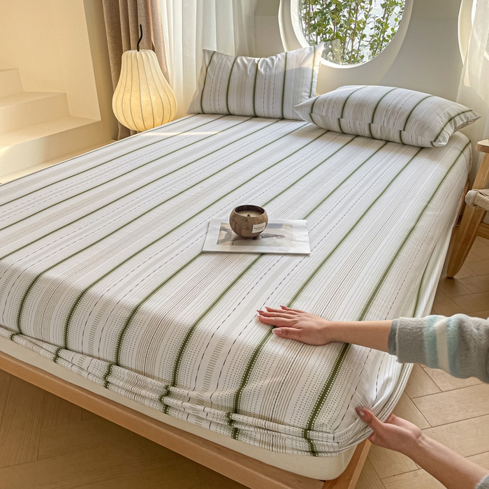 91家纺网 家纺一手货源 找家纺 雅居纺家纺 2025春夏新款全棉纯棉简约老粗布-单床笠 床笠单件凉席席 自由-绿