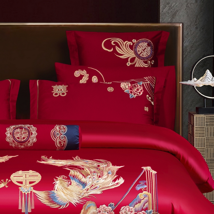 91家纺网 家纺一手货源 找家纺 慕她家纺 2025新款慕她婚庆四件套全棉纯棉结婚刺绣花多件套六八十床品 吉祥龙凤