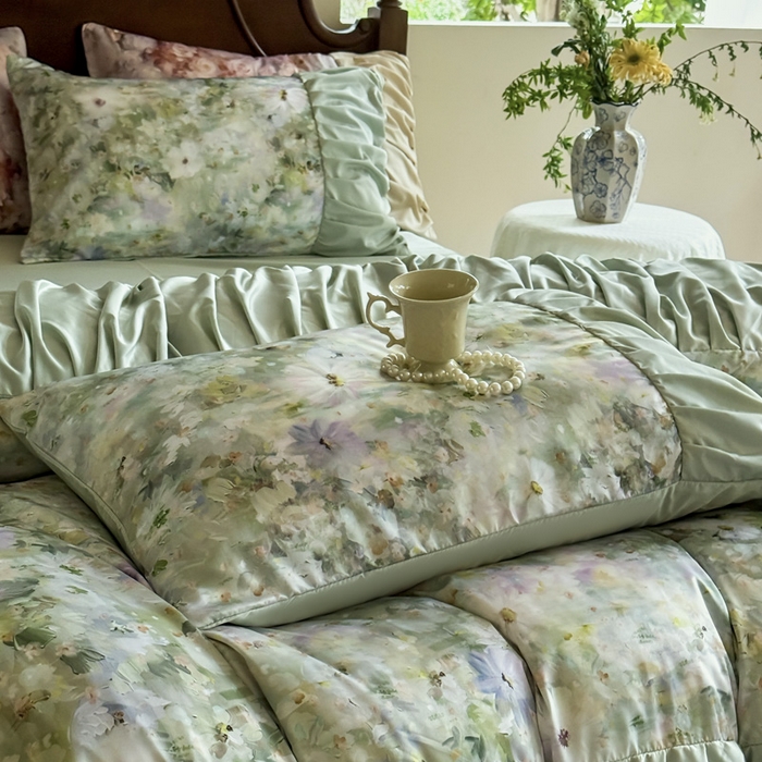 91家纺网 家纺一手货源 找家纺 艾米家居 2025新款A类天丝棉冰丝法式花边褶皱款四件套 绿野仙踪褶皱款