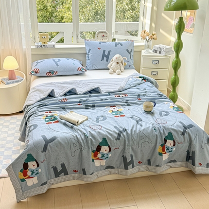 沃尔居 2025新款双面全棉印花夏被可机洗小清新纯棉夏凉被薄被芯空调被子 蒙奇奇-蓝